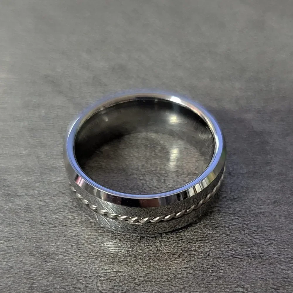 Engraved Men's Real Silver Tungsten Wedding Ring Twisted Wire Cable Inlay